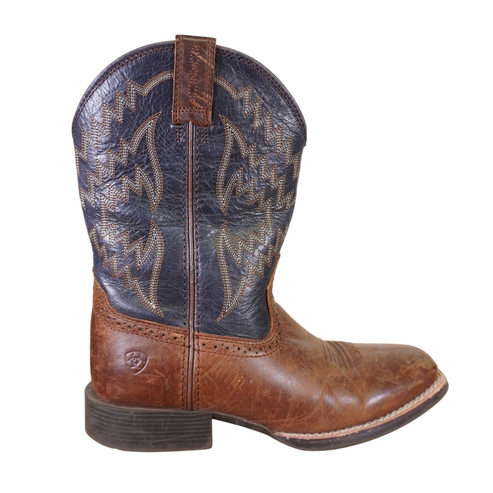 Ariat Western Boots Kids 3 Brown Navy Blue Leather Square Toe Stitched Western